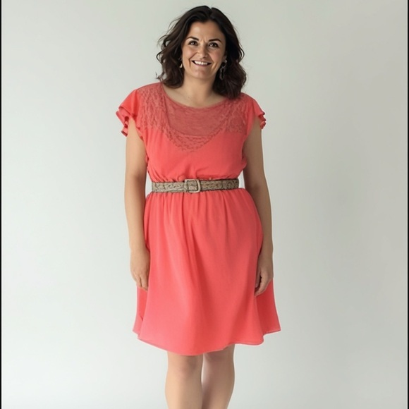 Torrid Coral A-Line Midi Dress Size 3 Lace Ruffle Sleeves V-Neck - Picture 2 of 6